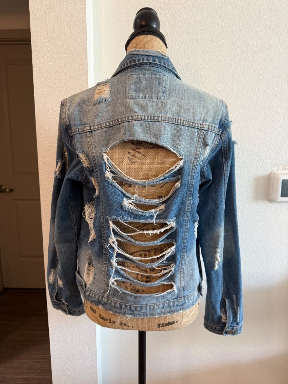 American Bazi Distressed Denim Jacket S Open Back Grunge Y2K-Inspired